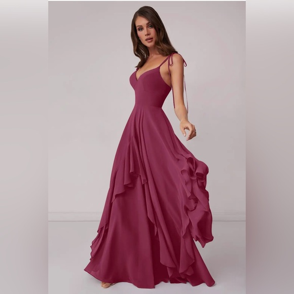 Azazie Mulberry A-Line Bow Chiffon Dress. Color Mulberry - Picture 7 of 12